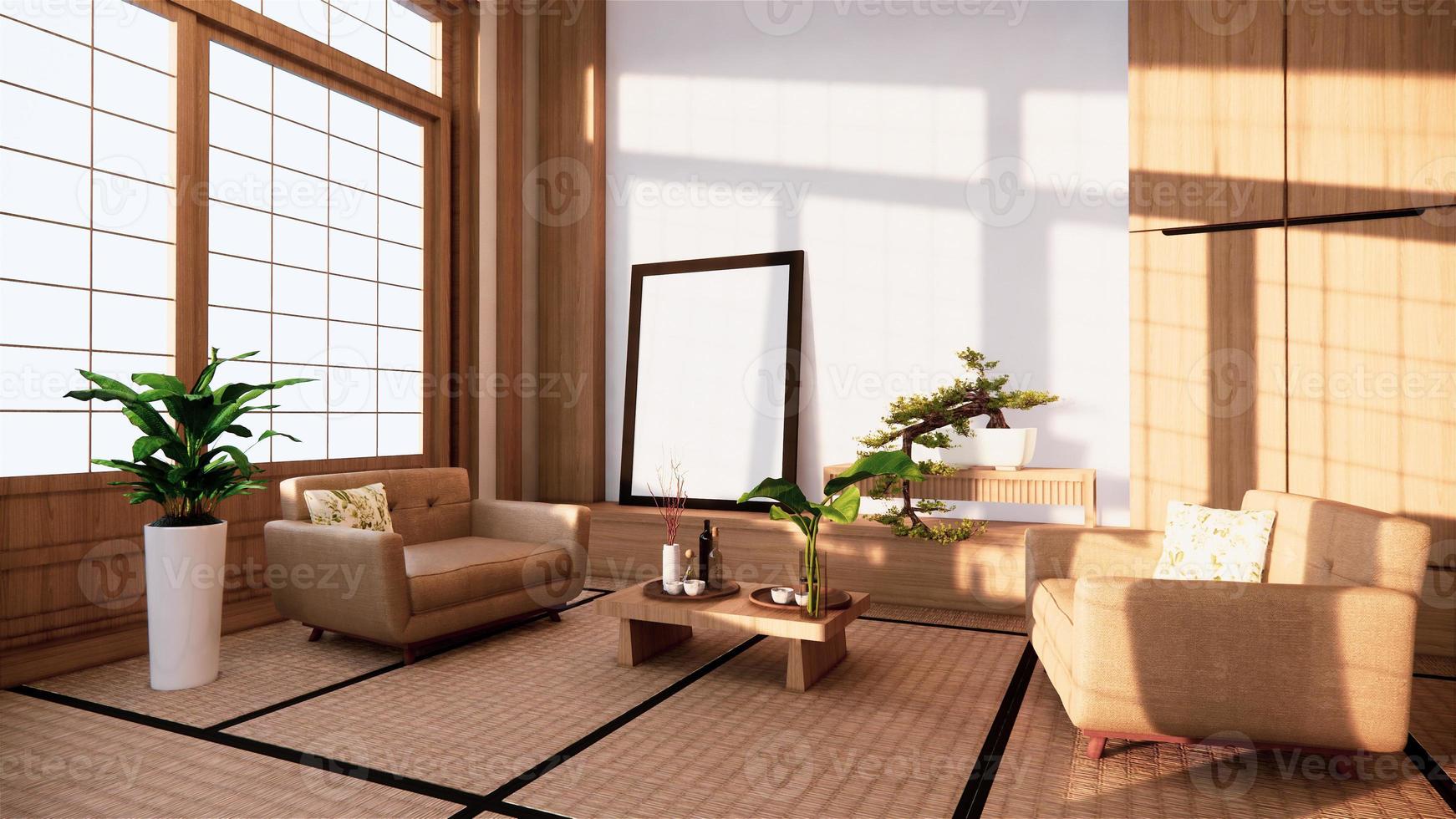 sofá estilo japonês no quarto japão e o pano de fundo branco fornece uma janela para edição de renderização 3D foto