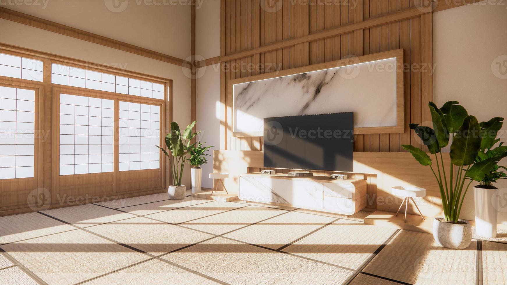 fundo de parede de granito branco de sala de estar com design de decoração em estilo japonês e parede de prateleira. Renderização 3d foto