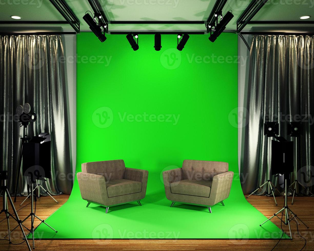 studio big - estúdio de cinema moderno com tela verde. Renderização 3d foto
