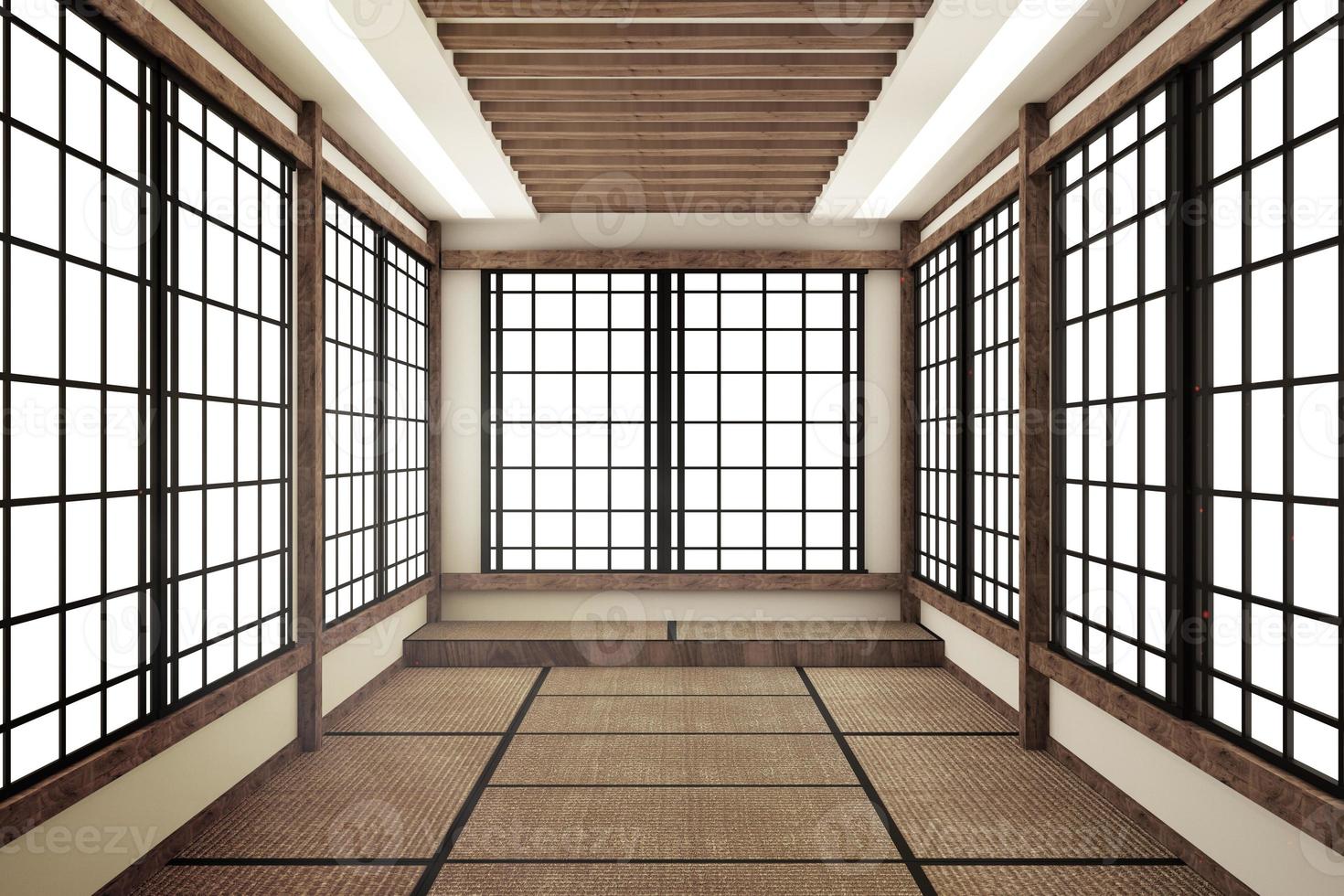 interior da sala de estar e design minimalista com piso de tatame e japonês, interior da sala vazia, renderização em 3D foto