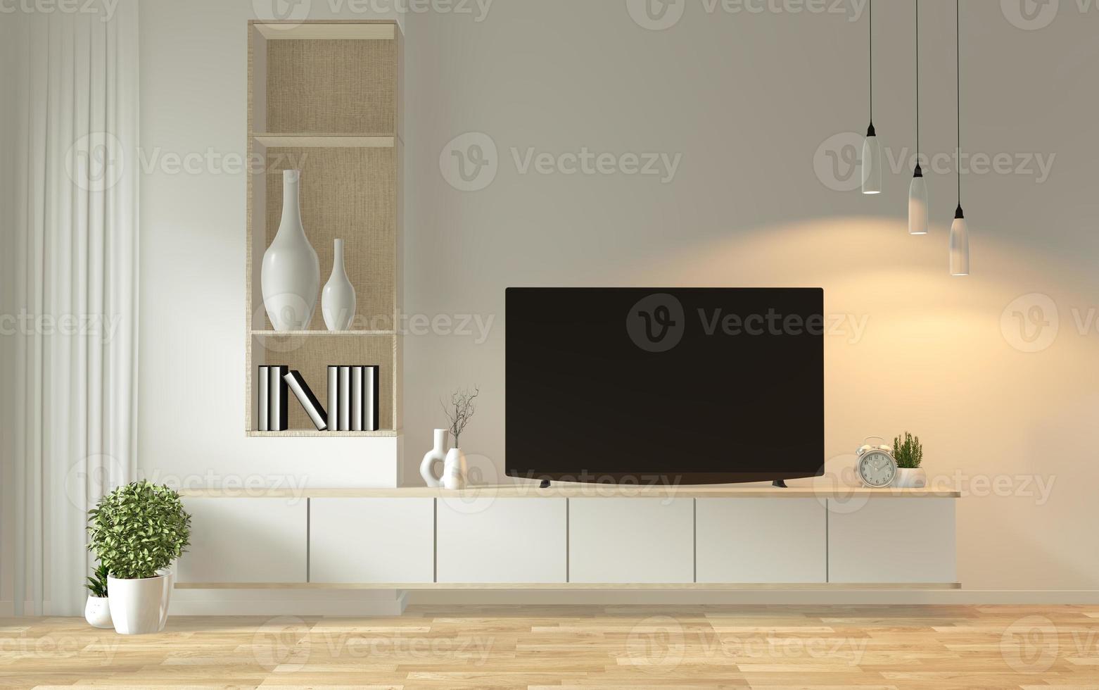 simulação de gabinete de tv em quarto vazio moderno zen designs minimalistas japoneses, renderização em 3D foto