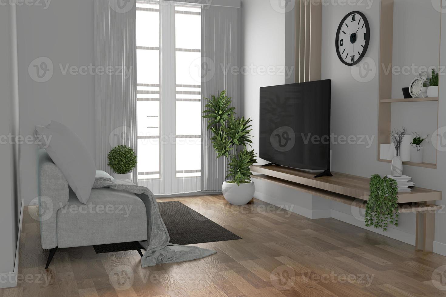 prateleira de TV em quarto vazio moderno e plantas de decoração no piso de parede branca de madeira. foto