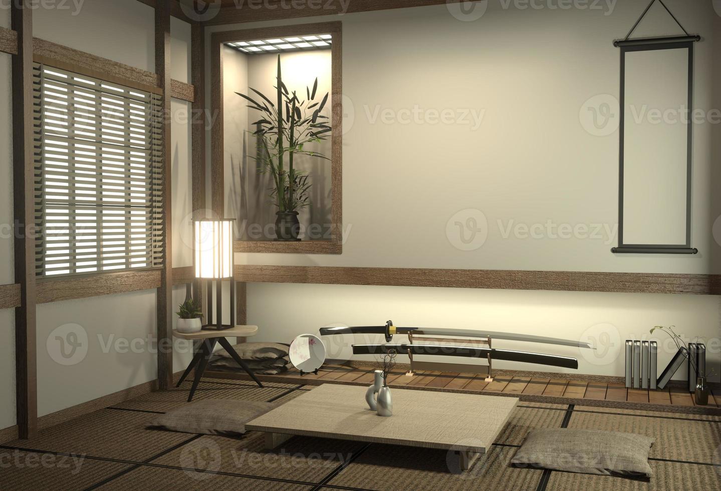 sala do japão com piso de tatame e decoração em estilo japonês foi projetada em estilo japonês. Renderização 3D foto