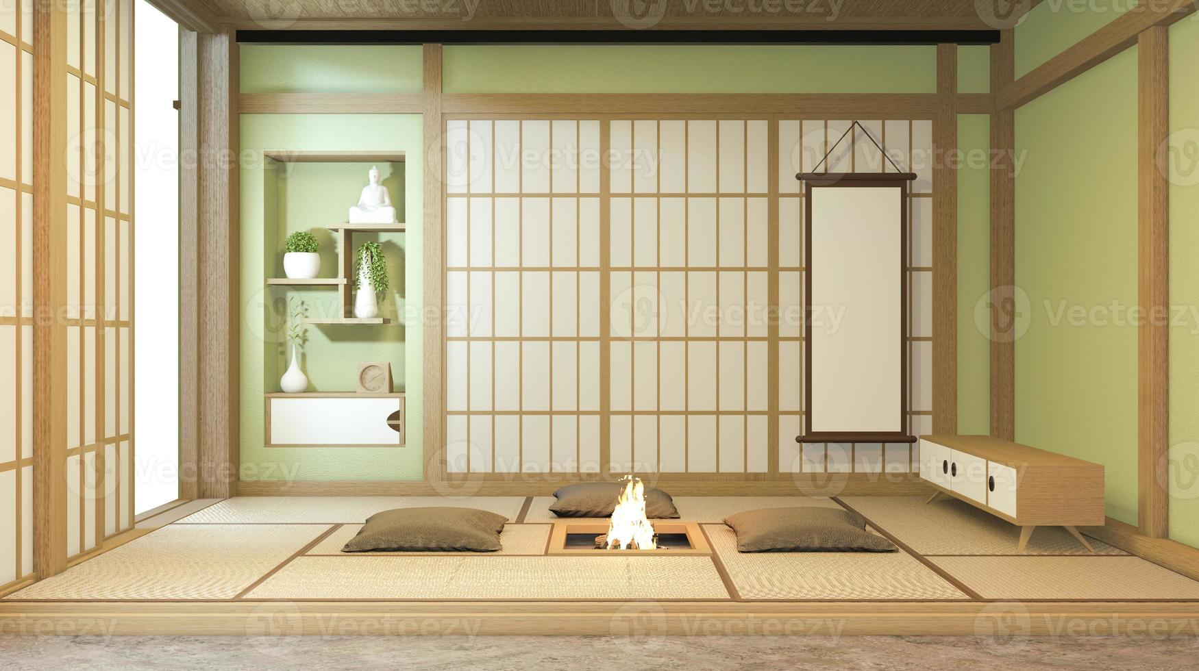 nihon green room design interior com porta de papel e parede de prateleira de gabinete em tatame piso de estilo japonês. Renderização 3d foto