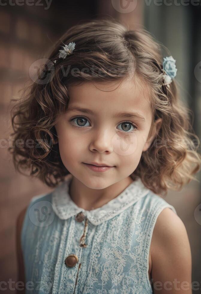 jovem menina com encaracolado cabelo e azul olhos posando para uma fechar-se retrato foto