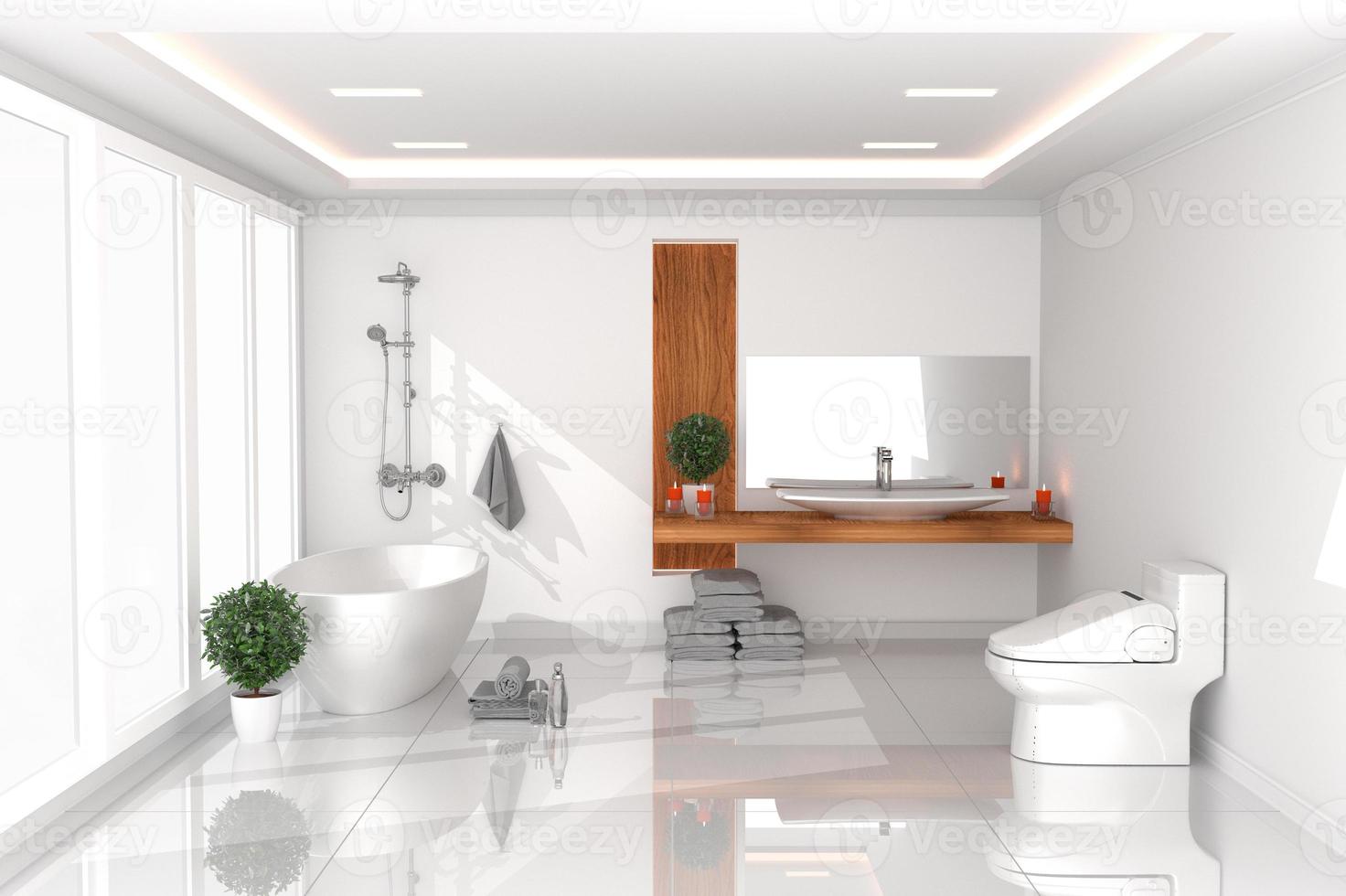 interior da sala de banho - conceito de quarto vazio branco - estilo moderno, banheiro, design moderno de quarto novo. Renderização 3d foto