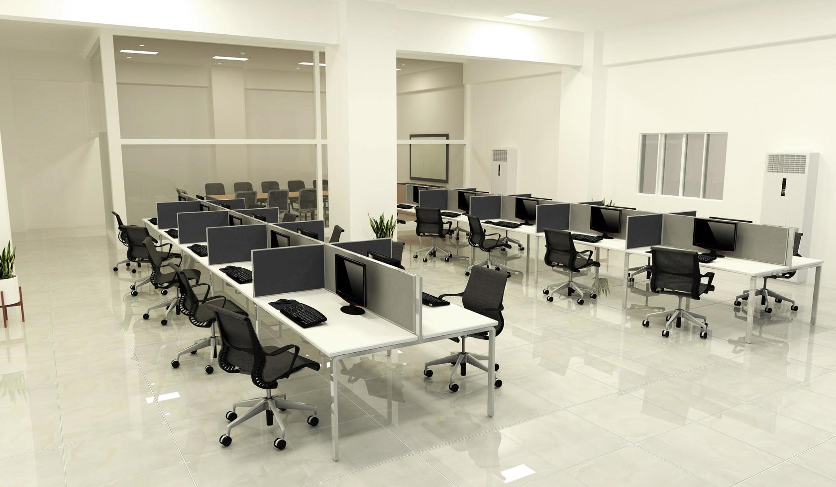 negócios de escritório - bela sala grande, sala de escritório e mesa de conferência, estilo moderno. Renderização 3d foto
