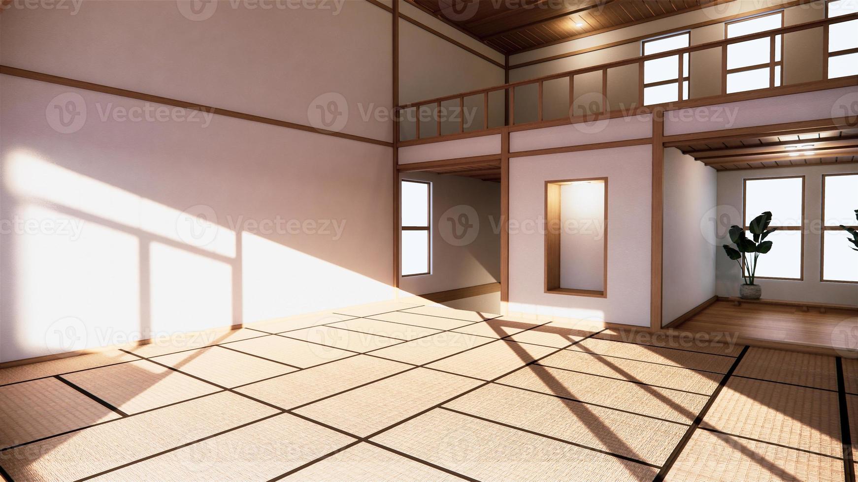 interior de estilo japonês do primeiro andar em uma casa de dois andares. Renderização 3d foto