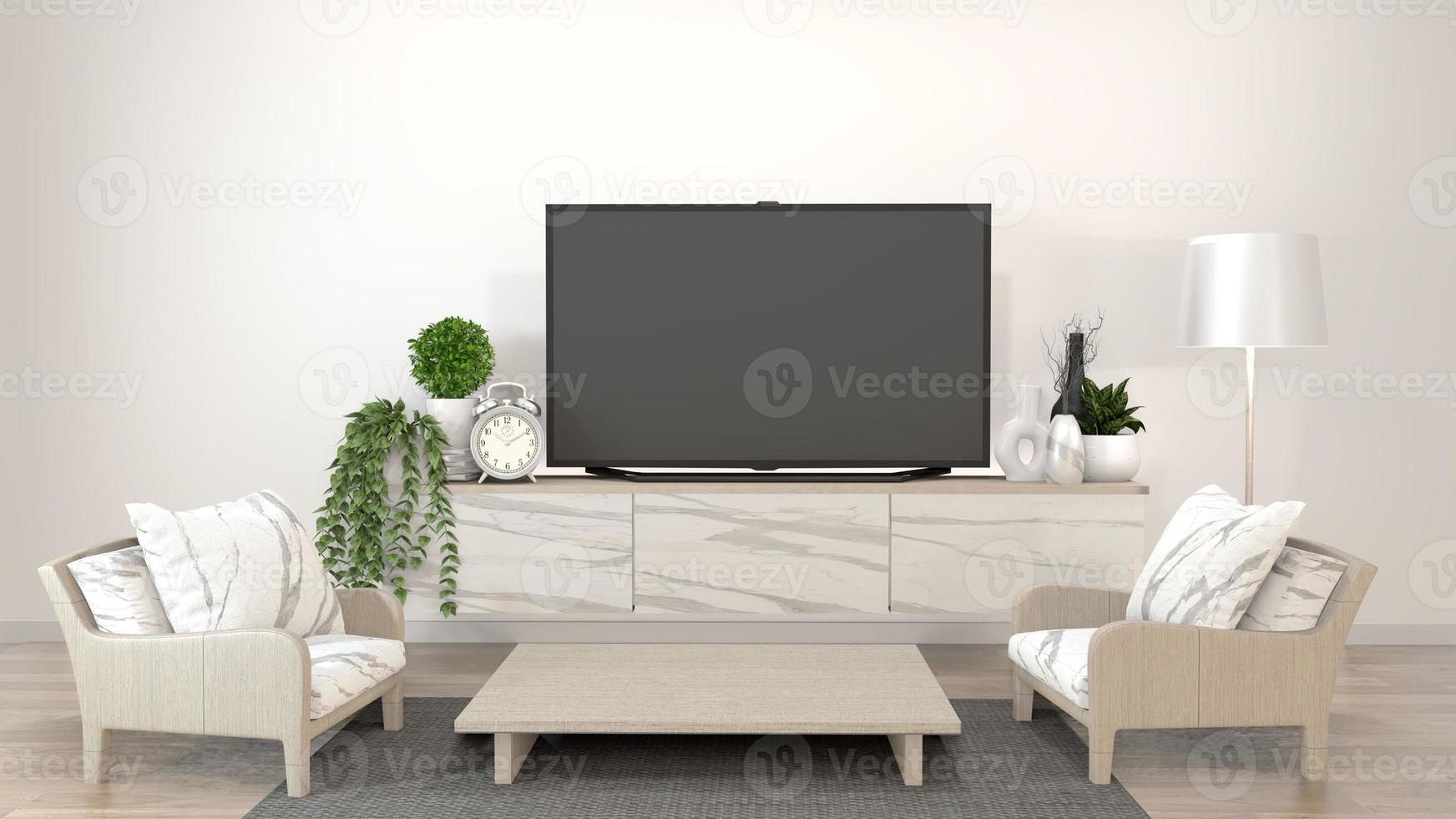 maquete da smart tv na sala de estar zen com decoração em estilo minimalista. Renderização 3d foto