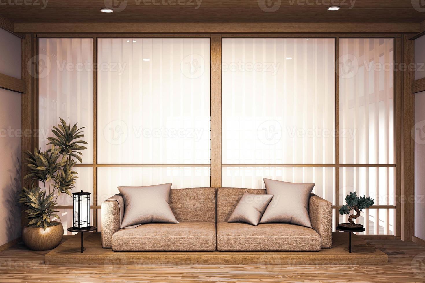 sofá de madeira design japonês, piso de madeira japonesa na sala e lâmpada de decoração e vaso de plantas. foto