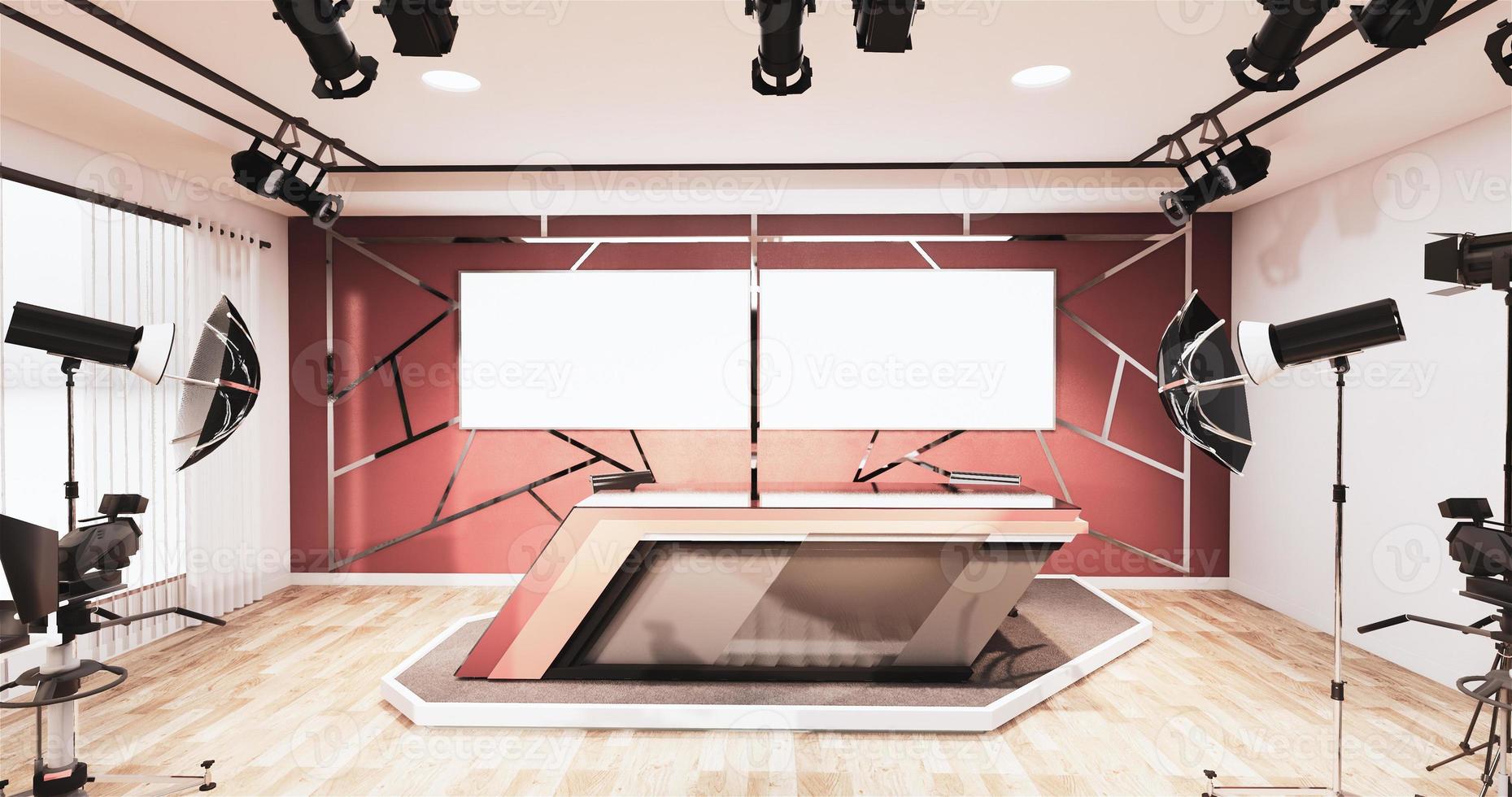 estúdio de notícias projeto da sala de alumínio guarnição de ouro na parede vermelha, pano de fundo para programas de tv renderização 3D foto