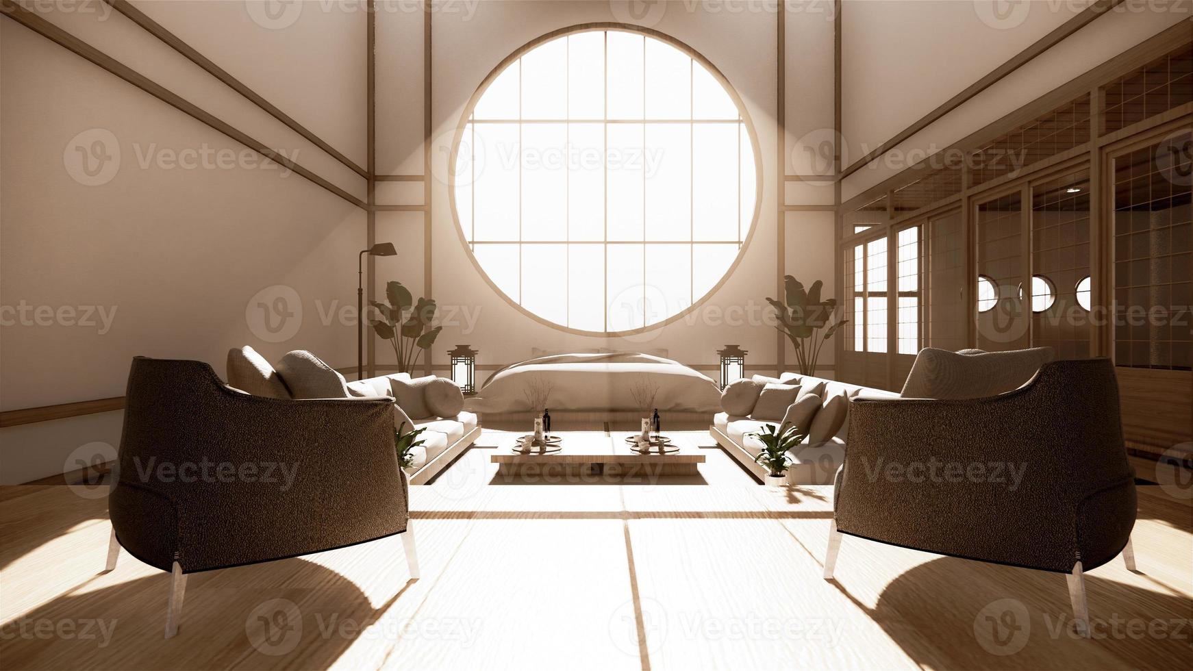 ideias para salas multifuncionais, design de interiores de salas japonesas. Renderização 3D foto