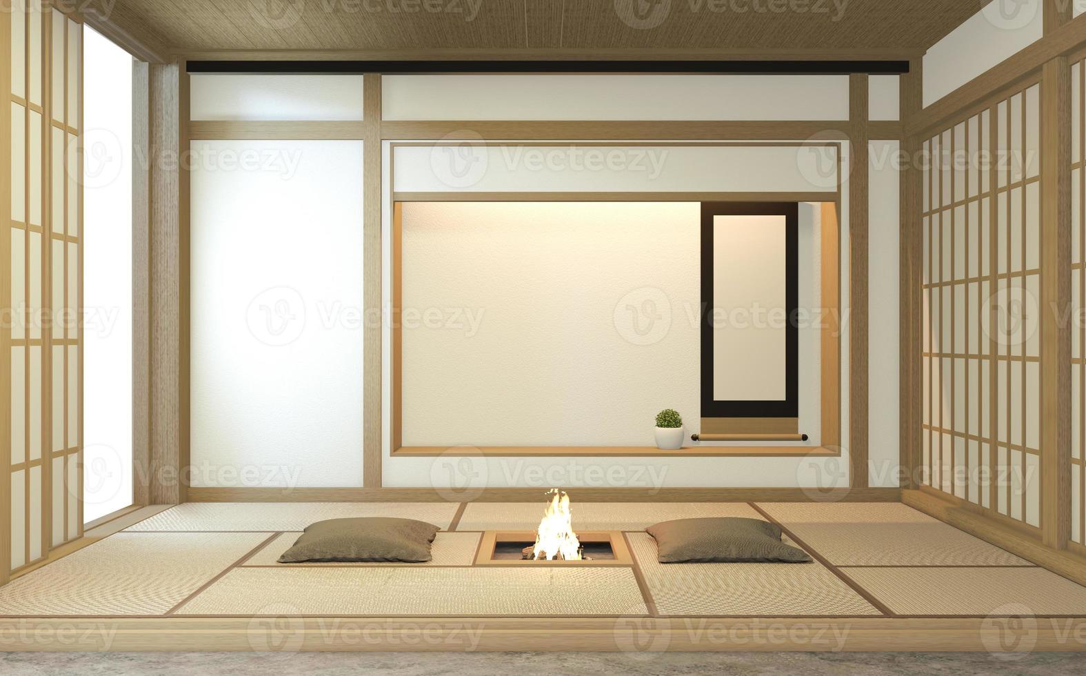 nihon room design interior com porta de papel e parede de prateleira de gabinete em tatame piso de estilo japonês. Renderização 3d foto