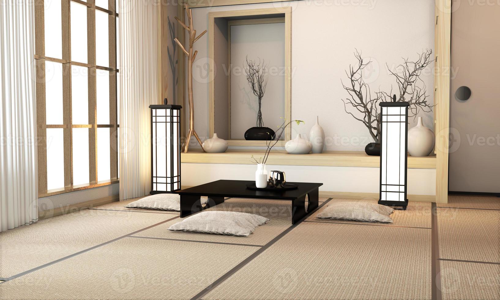 sala de estar ryokan em estilo japonês com piso de tatame e decoração. Renderização 3D foto
