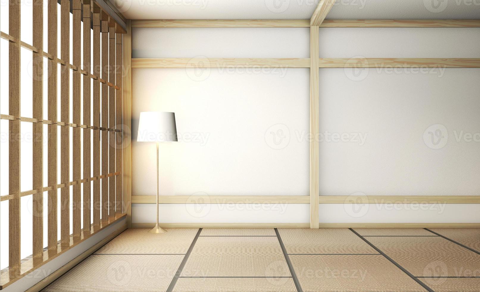 quarto zen vazio em estilo japonês com piso de tatame e design de madeira com mistura de parede. foto