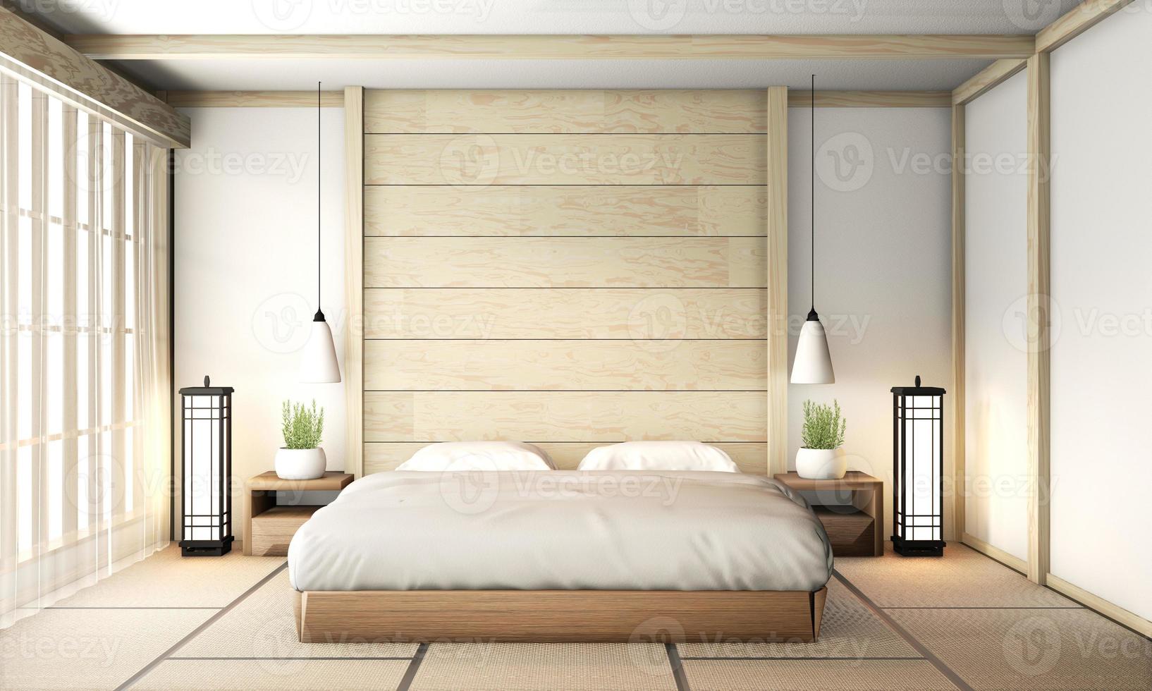 design de interiores zen do quarto com piso de tatame e design de parede de madeira. Renderização 3D foto