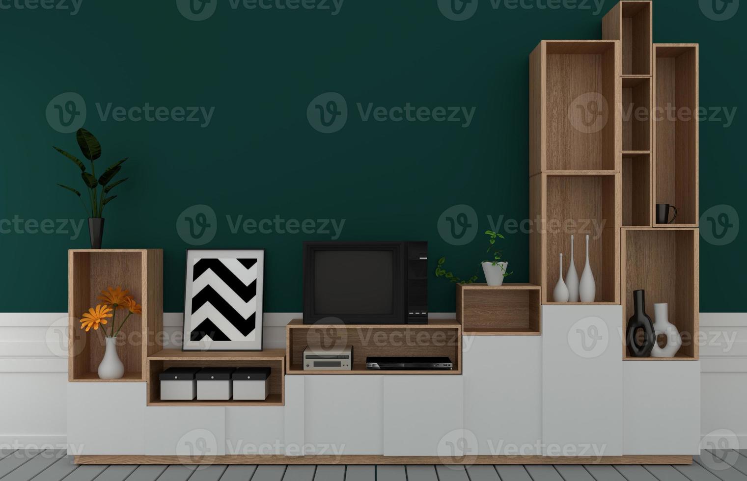 tv no gabinete em um quarto vazio moderno, parede verde escura no piso de madeira, renderização em 3D foto