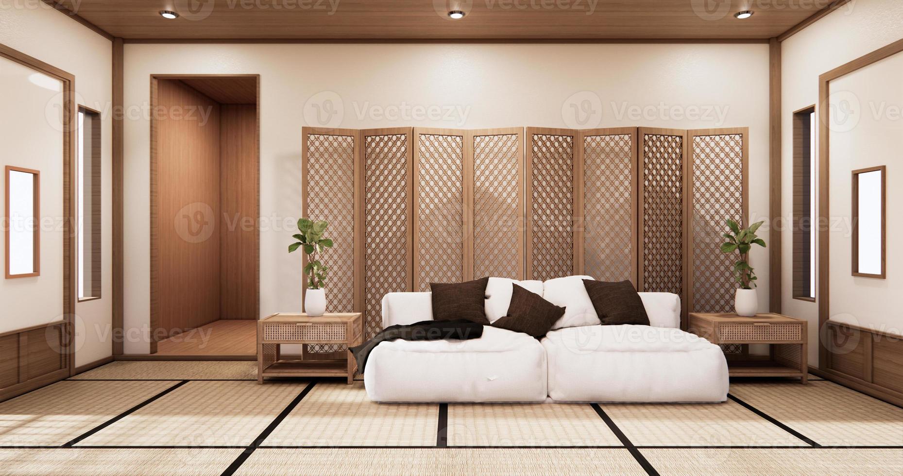 estilo tropical de sala de estar interior com design de parede. Renderização 3D foto