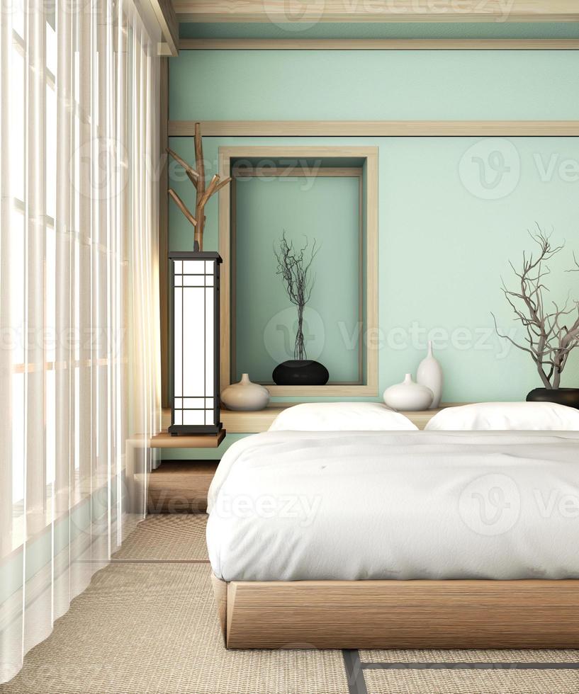 quarto com cama ryokan em azul claro em estilo muito japonês com piso e decoração em tatame. Renderização 3D foto