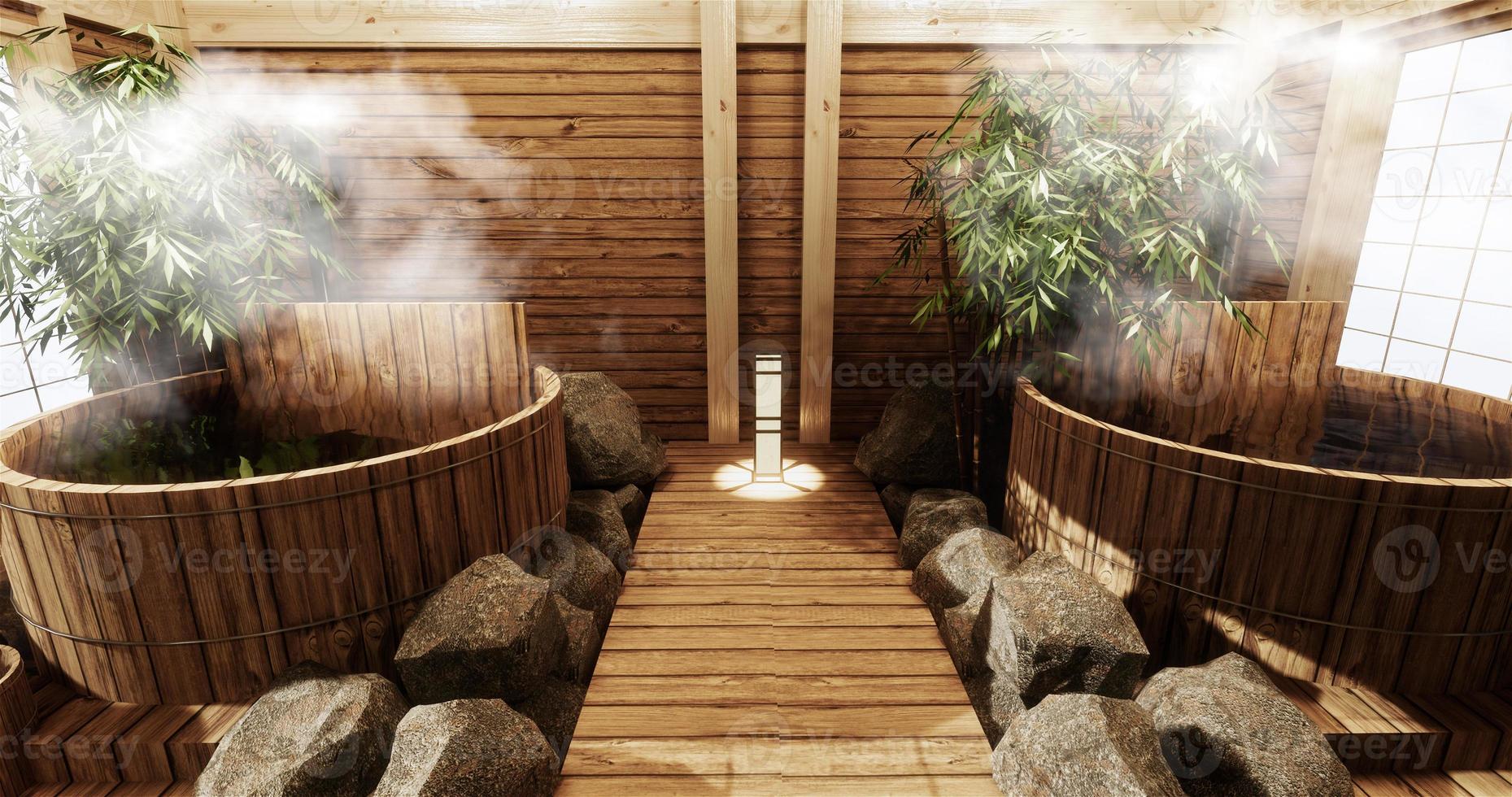 interior do quarto onsen com banheira de madeira e decoração em estilo japonês de madeira. Renderização 3D foto