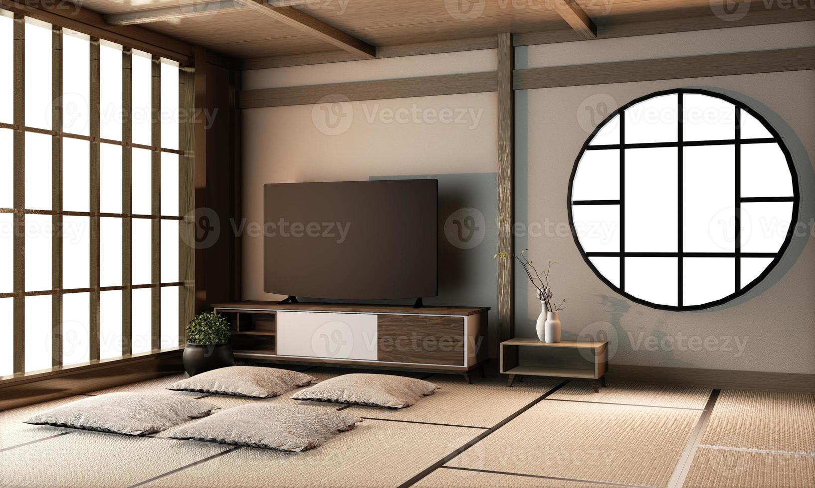 Design de interiores de sala de estar ryokan em piso de tatame. Renderização 3D foto