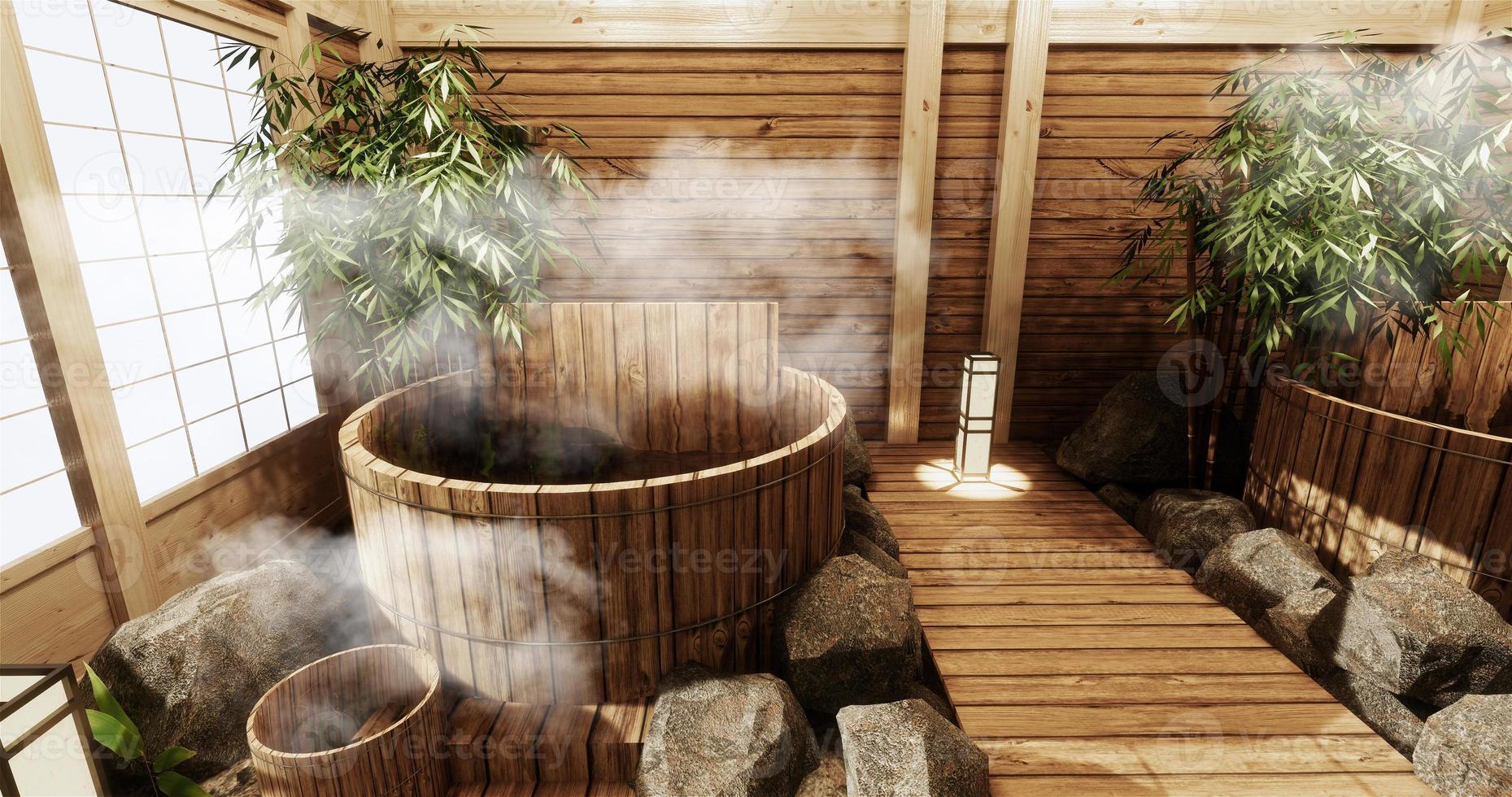 interior do quarto onsen com banheira de madeira e decoração em estilo japonês de madeira. Renderização 3D foto