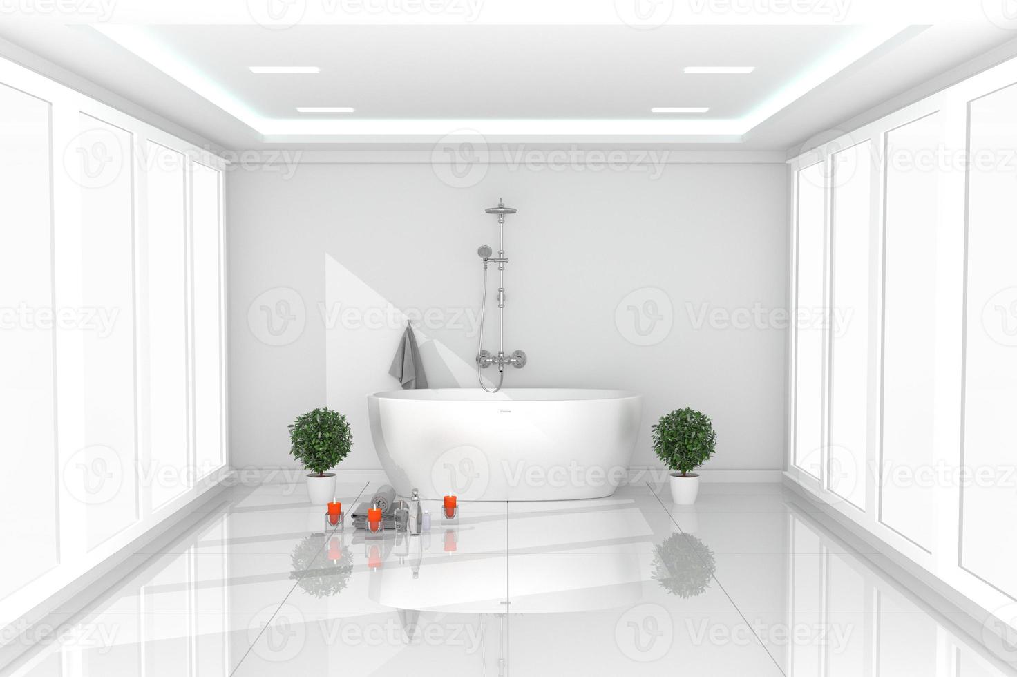 interior do quarto bonito e luminoso - banheiro branco moderno - sala branca do conceito vazio. Renderização 3d foto