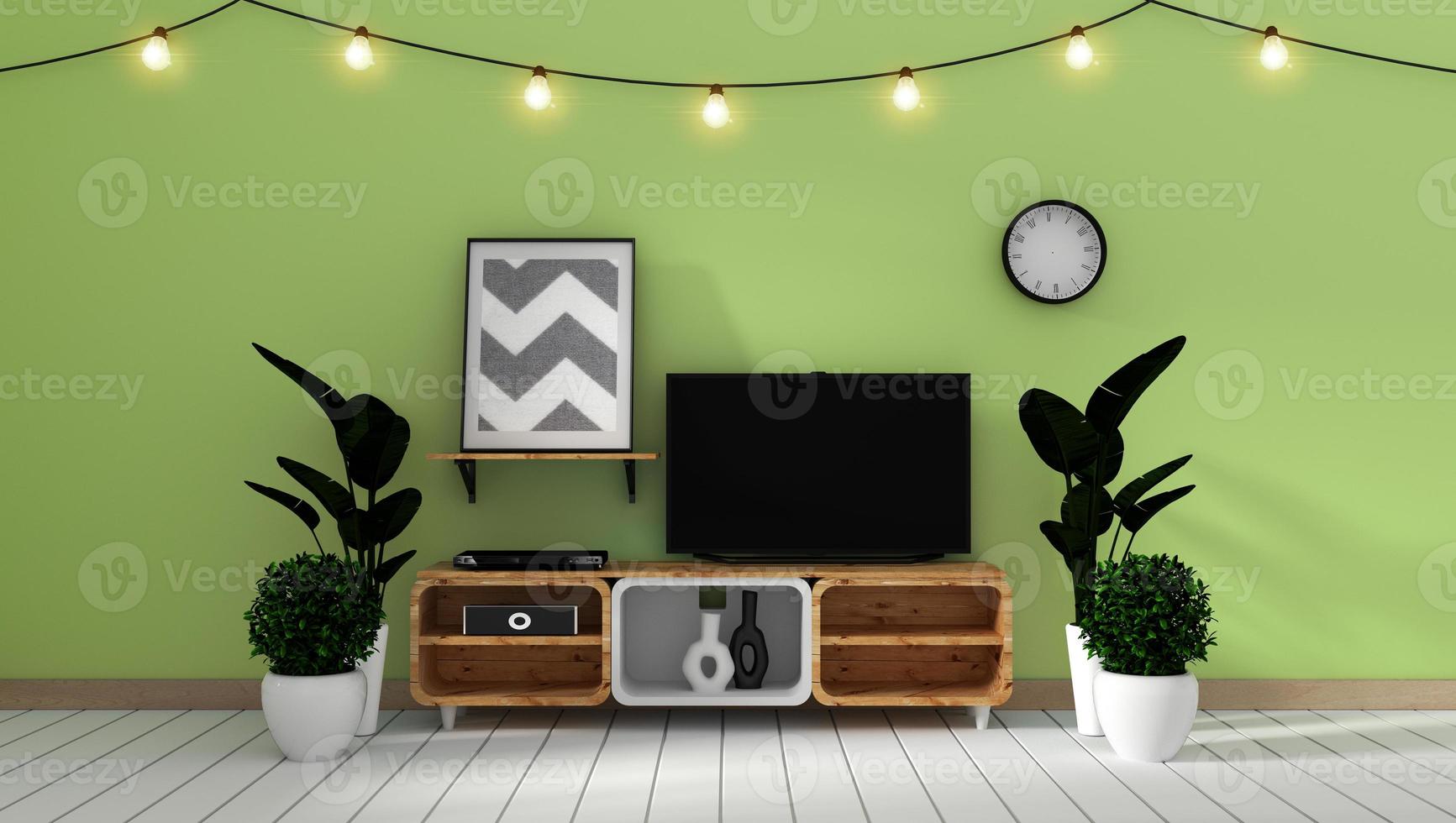 maquete de smart tv na parede verde na sala de estar japonesa. Renderização 3d foto