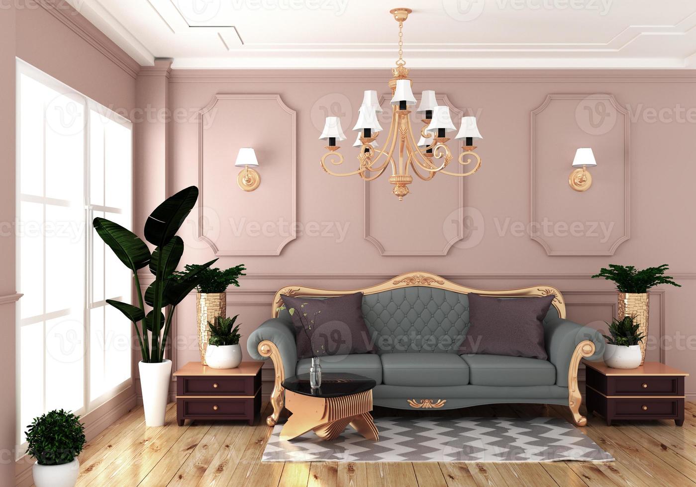 interior de quarto de luxo vazio com sofá na parede rosa da sala em piso de madeira. Renderização 3d foto