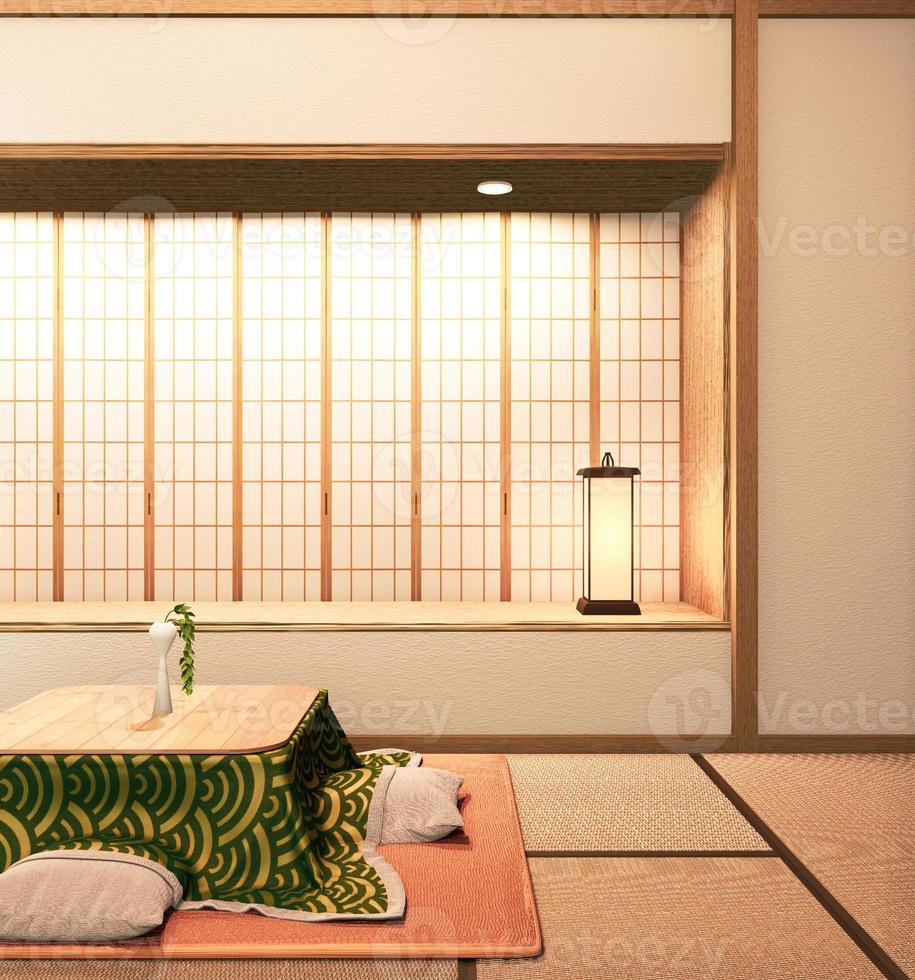 mesa baixa kotatsu e travesseiro em tapete de tatame, quarto japão.3d rednering foto