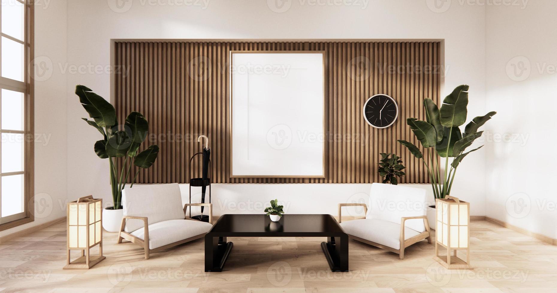 sala de estar tradicional em estilo japonês misturado com design moderno. Renderização 3D foto