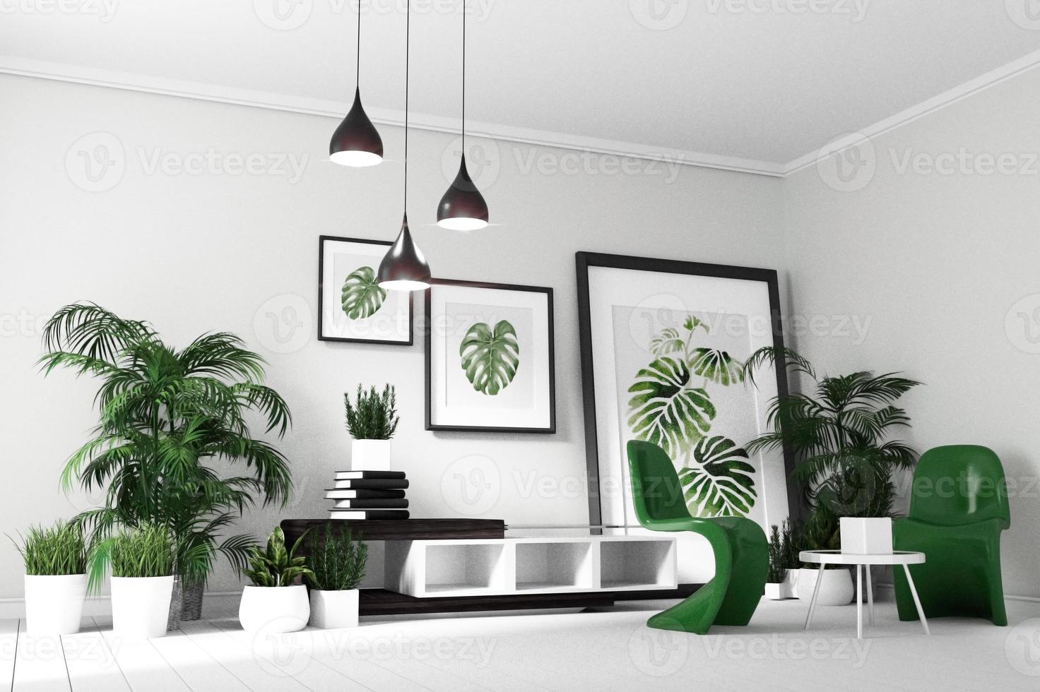 interior escandinavo da sala de estar - quarto em estilo tropical moderno com composição - design minimalista. Renderização 3d foto