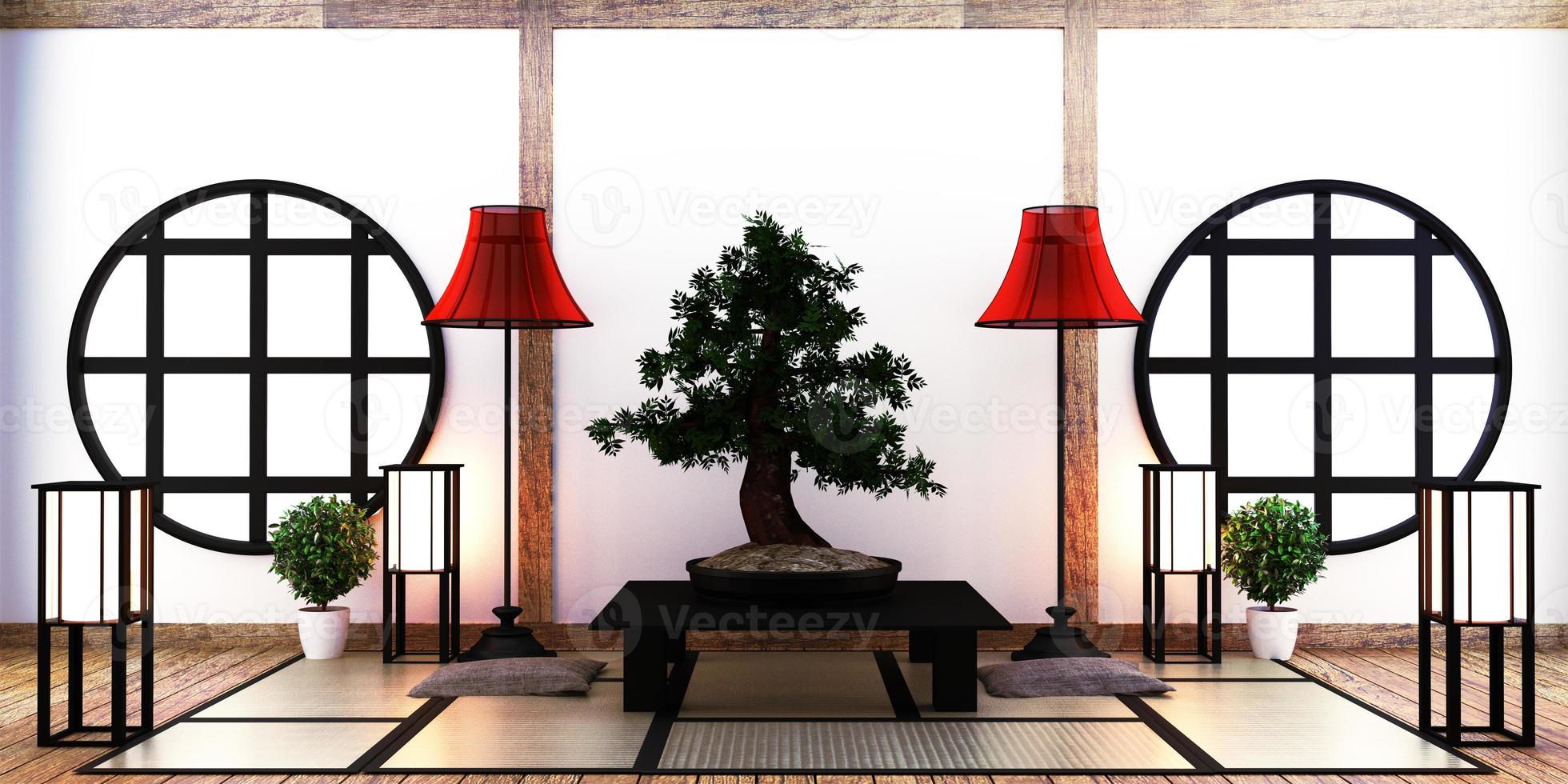 sala de estar japonesa com lâmpada, moldura, mesa baixa preta e bonsai na parede branca do quarto no tapete de tatame. Renderização 3d foto