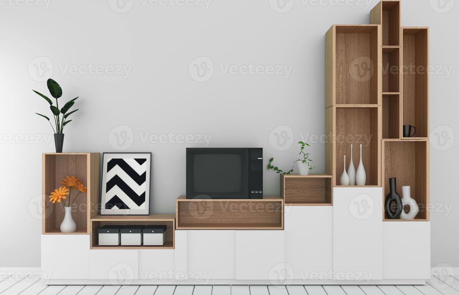 maquete de gabinete em quarto vazio moderno, piso de madeira branco na sala de parede branca estilo japonês. Renderização 3D foto
