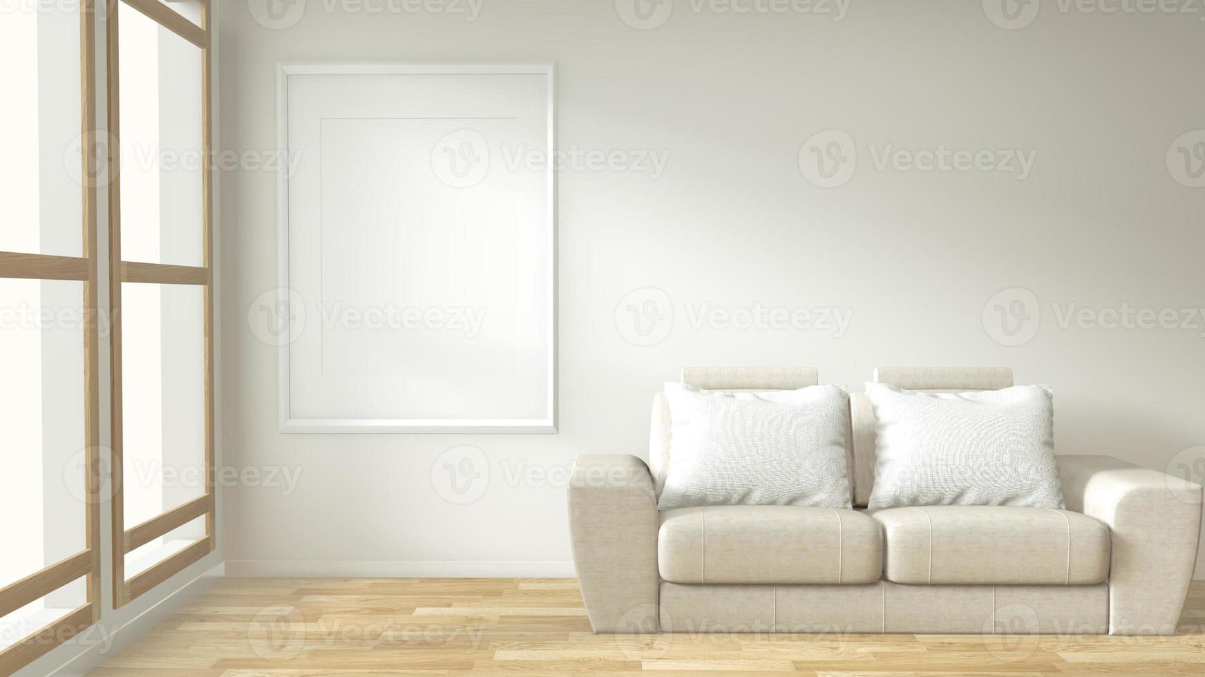 quadro de pôster interior simulado sala de estar com design minimalista de sofá branco. Renderização 3D. foto