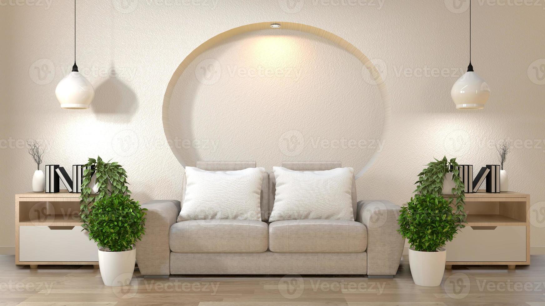 decoração de interior zen da sala de estar na simulação da parede da estante com sofá e almofadas na renderização em branco.3d foto