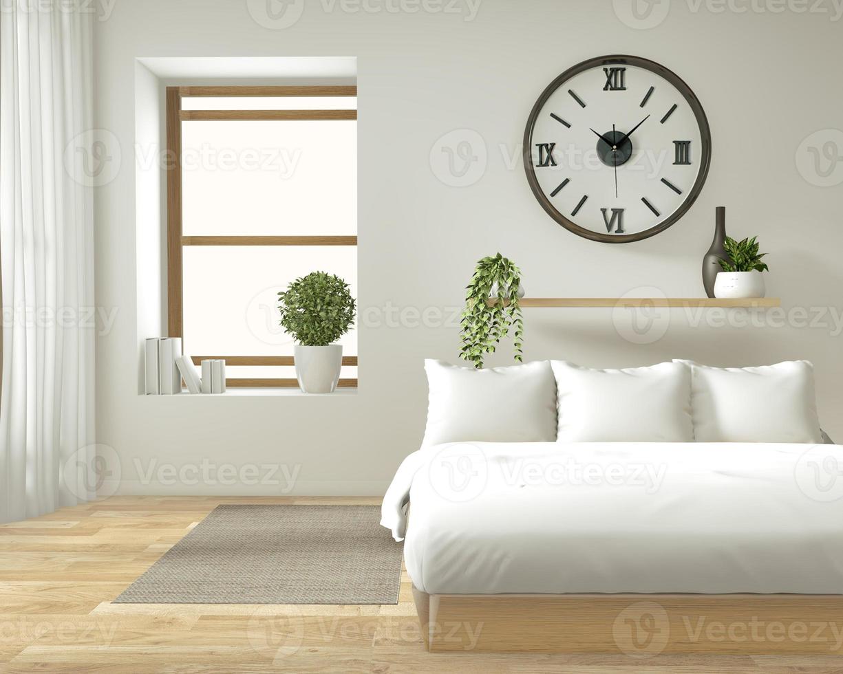 simulação de parede interior de casa com cama de madeira, cortinas e decoração em estilo japonês em design minimalista de quarto zen. Renderização 3D. foto