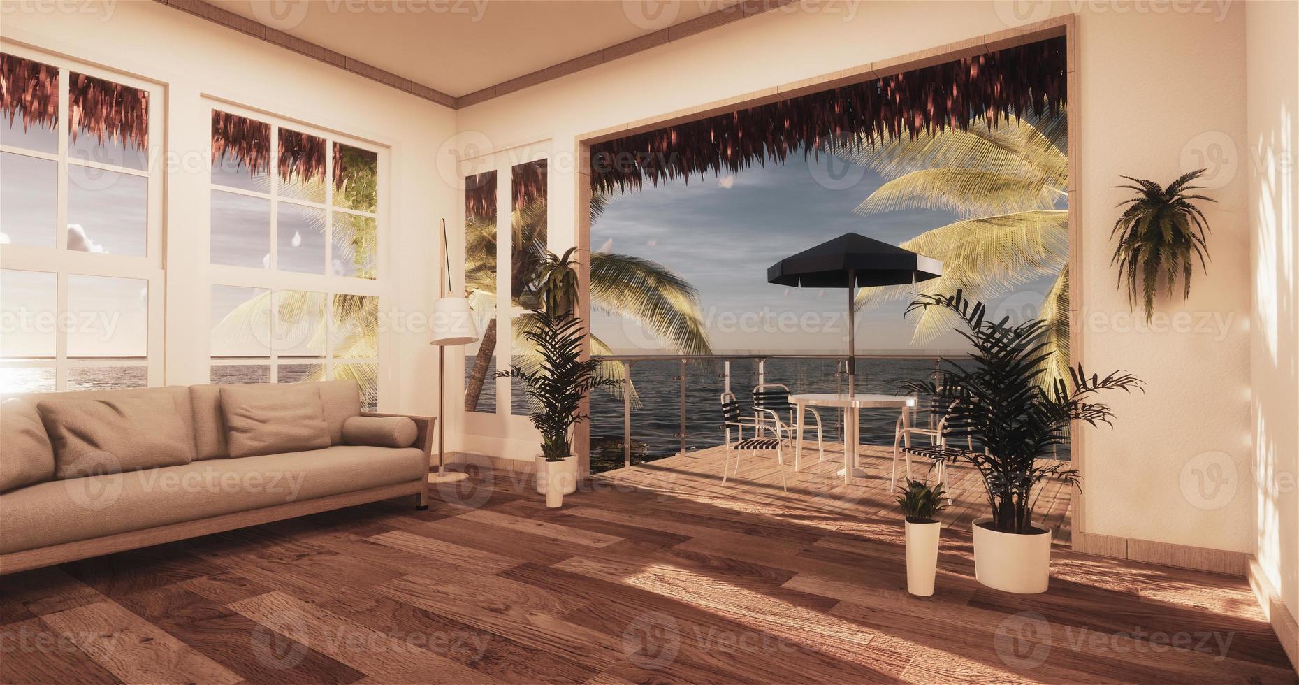 vista para o mar sala de estar em casa de veraneio moderna na praia. Renderização 3d foto
