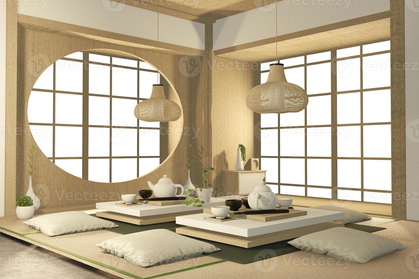 design de interiores tropical com sofá para sala de estilo japonês. Renderização 3d foto