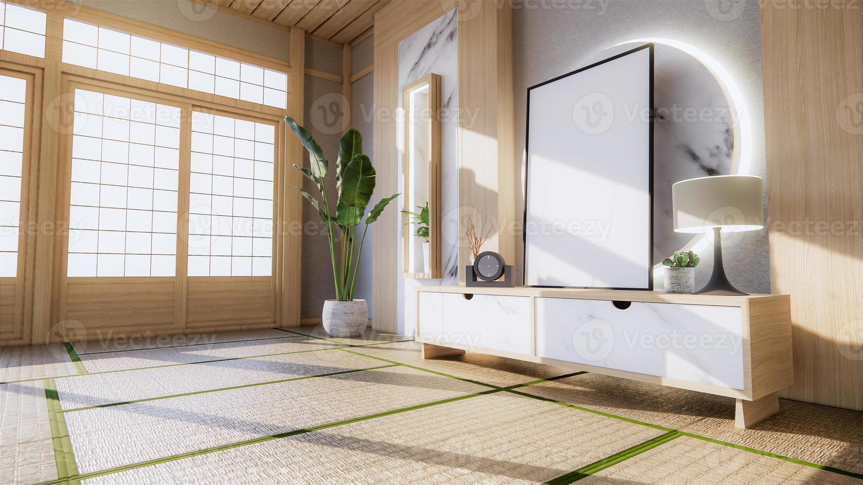 fundo de parede de granito branco de sala de estar com design de decoração em estilo japonês e parede de prateleira. Renderização 3d foto