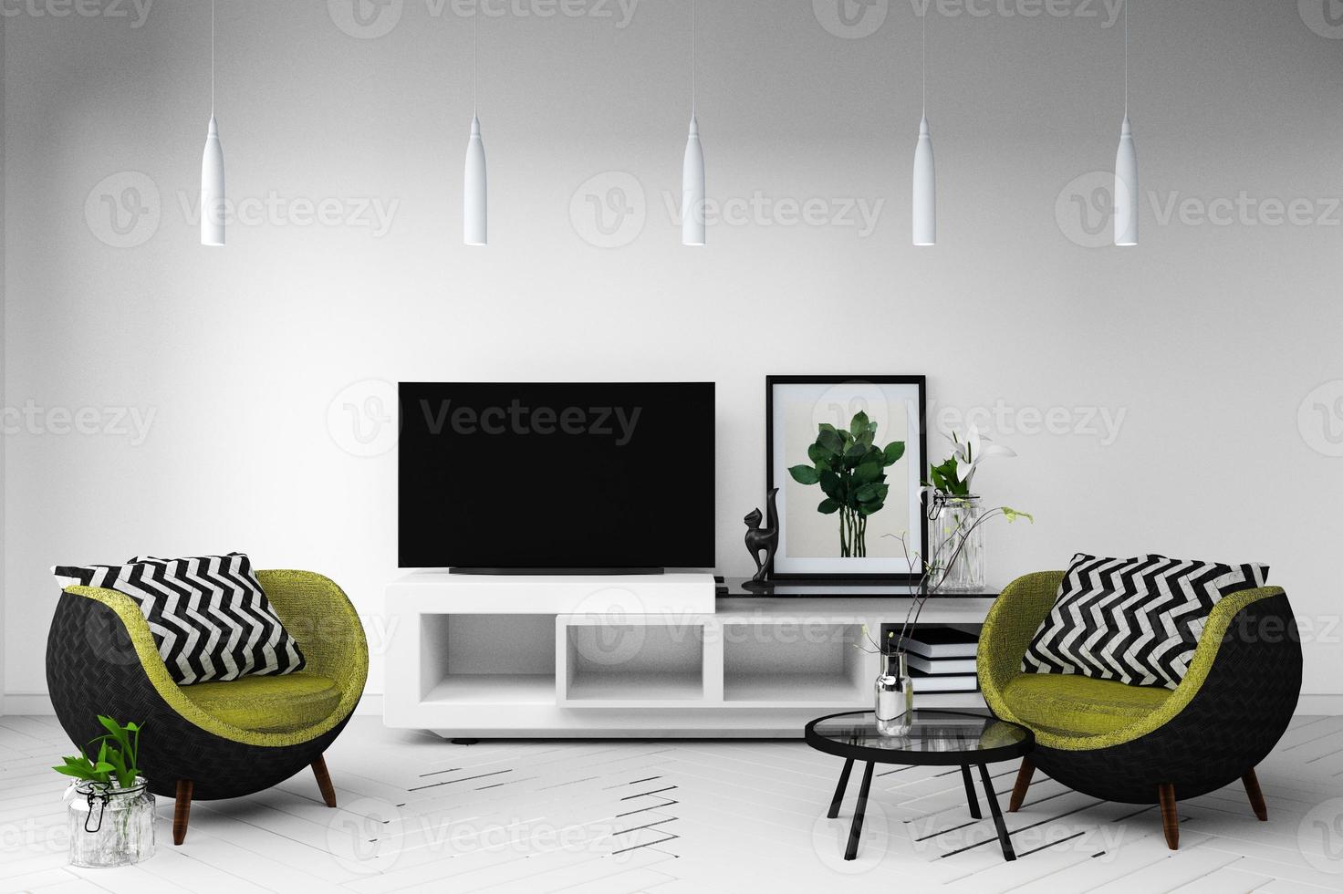 maquete de smart tv com sala branca com sofá e mesa de suporte de decoração de lâmpada. Renderização 3d foto