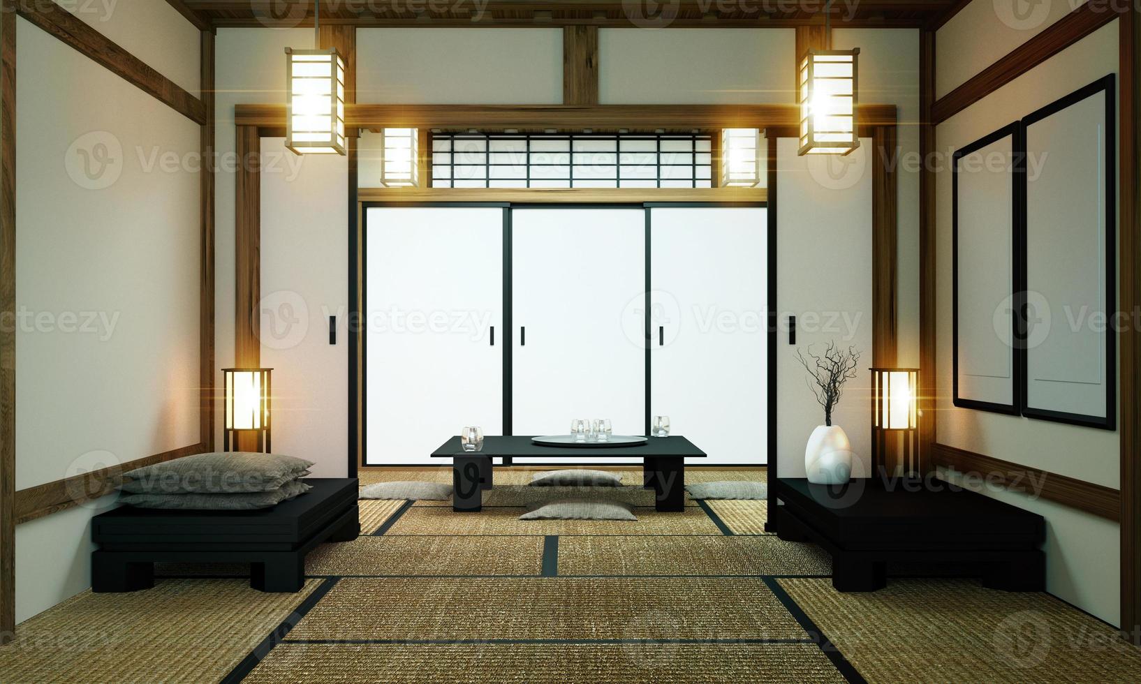 big roominterior design na moderna sala de estar com mesa baixa preta, abajur, vaso e decoração em estilo japonês. Renderização 3d foto