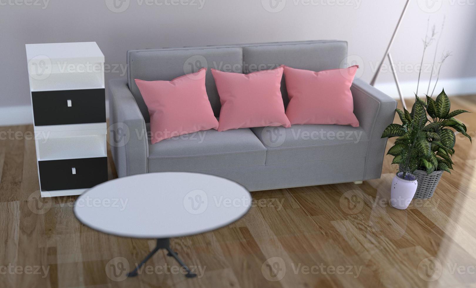 almofada rosa no sofá - interior da sala de estar. Renderização 3d foto