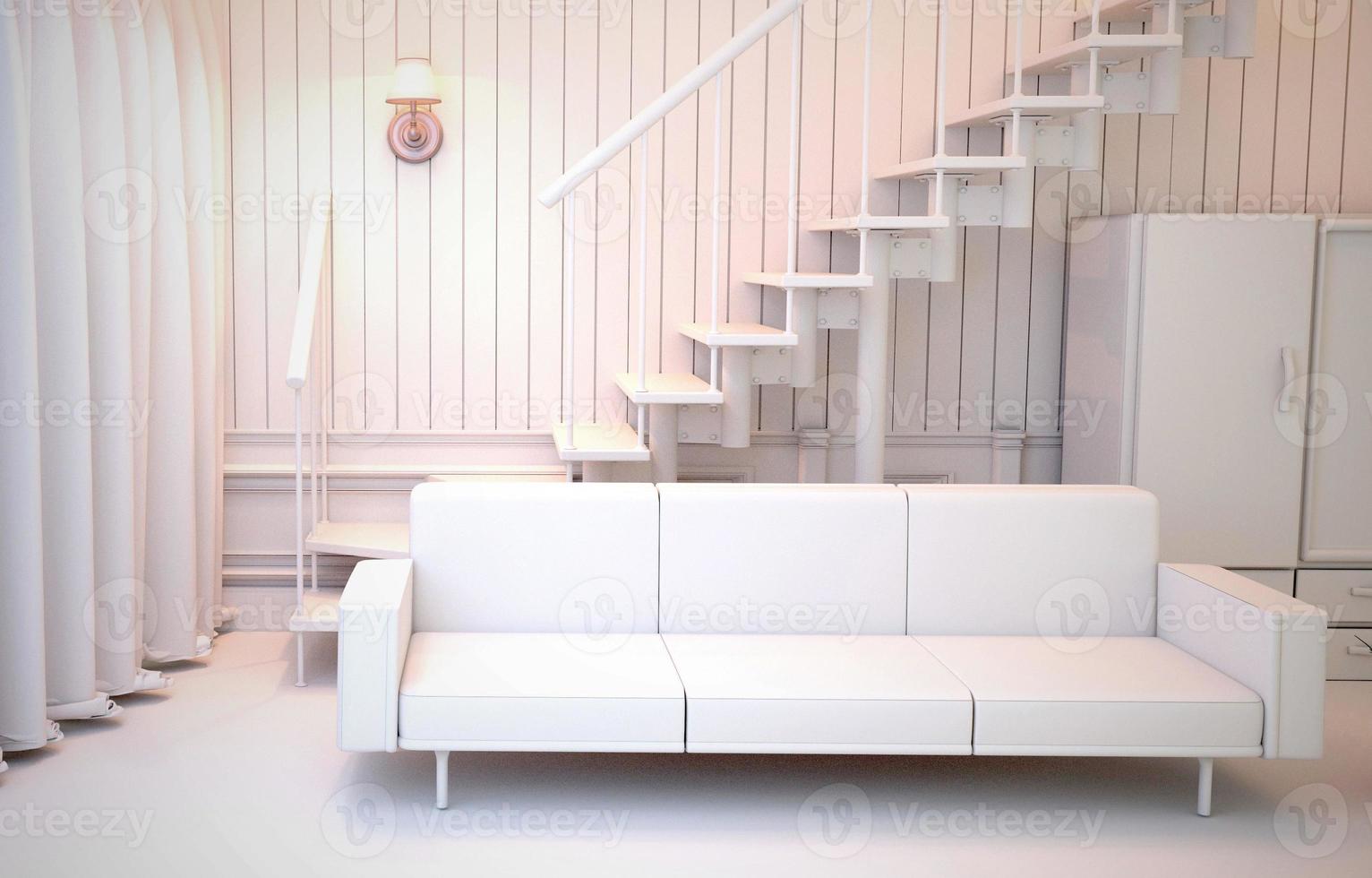 interior do quarto branco - estilo branco, tem escada e guarda-roupa com lâmpada de sofá, parede e piso brancos. Renderização 3d foto