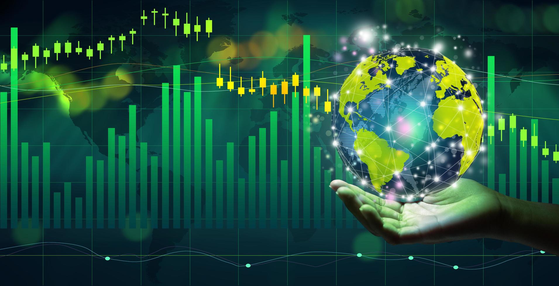 empresário segurando o holograma do mundo dos negócios sobre os dados financeiros do mercado de ações na placa digital. foto