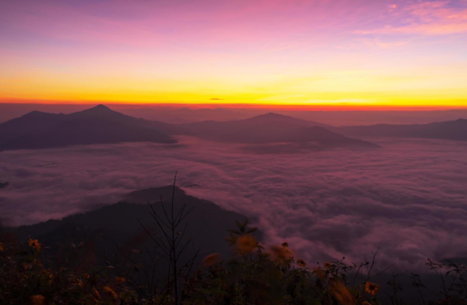 paisagem de belas montanhas pela manhã e o nascer do sol em phu chi fa chiang rai, tailândia foto