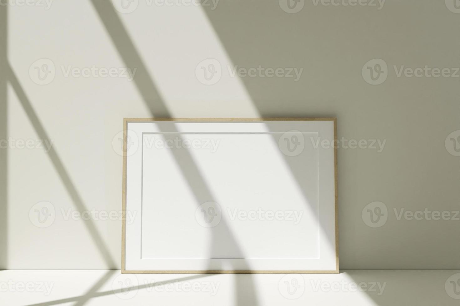 maquete horizontal de molduras de madeira no chão encostada na parede do quarto com sombra foto