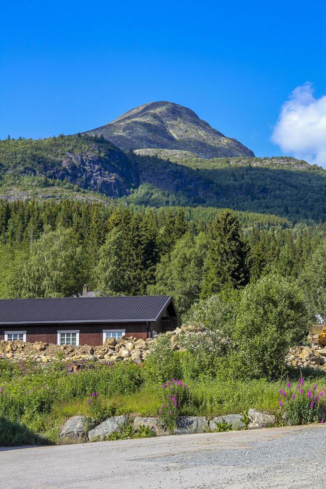 bela cabana de cabana marrom com panorama da montanha, hemsedal, noruega. foto