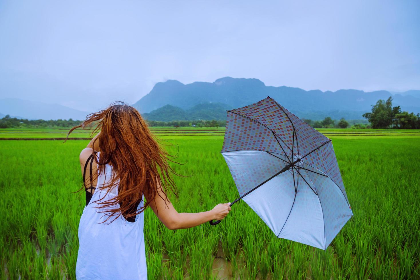 mulheres asiáticas viajam relaxam no feriado. as mulheres ficavam segurando um guarda-chuva na chuva felizes e curtindo a chuva que está caindo. viajando no interior, campos de arroz verdes, viajar na Tailândia. foto