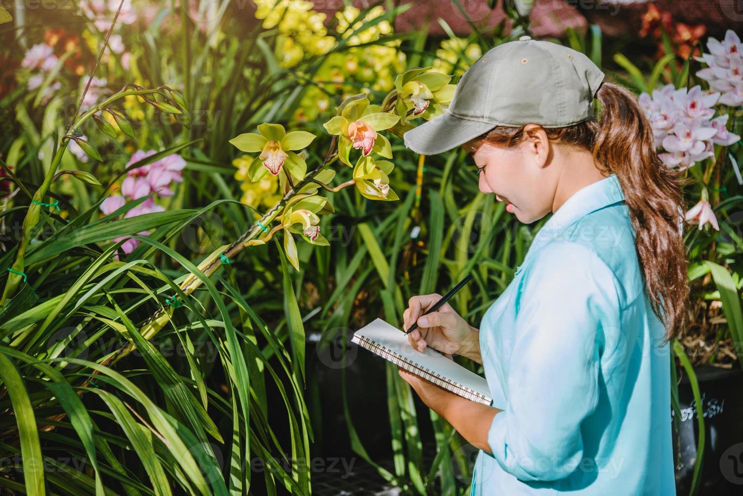 a menina nota as mudanças, o crescimento de orquídeas no jardim. lindo fundo de orquídea na natureza foto